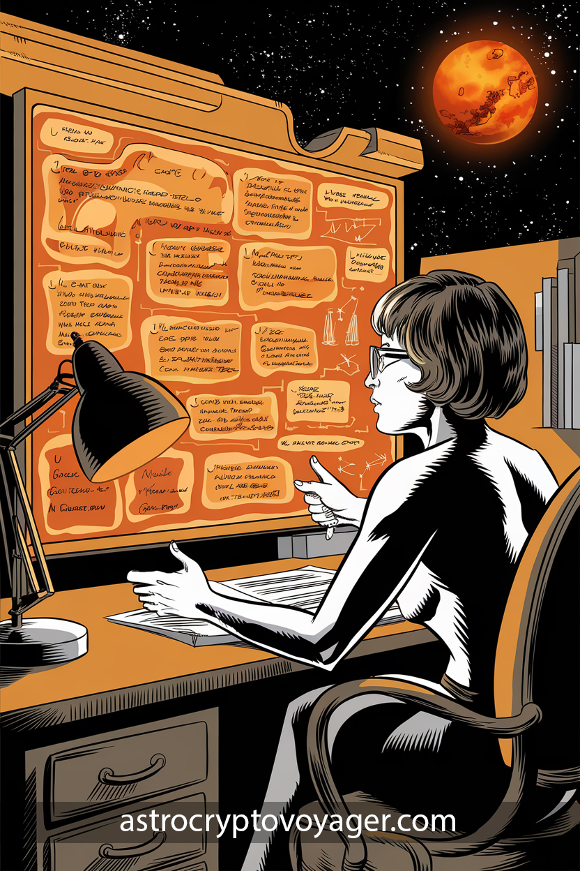 Mars Drives Virgo’s Precision Comic-style, black and white with orange accents: A Virgo figure analyzing a glowing crypto research board filled with detailed notes, with Mars shining like a fiery orange beacon in the background.